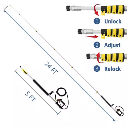 24 Ft. Aluminum Telescoping Pressure Washer Wand, Gutter Cleaner Attachment with 5 Spray Nozzle Tips